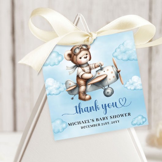 Sweet Blue Brown Teddy Bear Pilot Boy Shower フェイバータグ