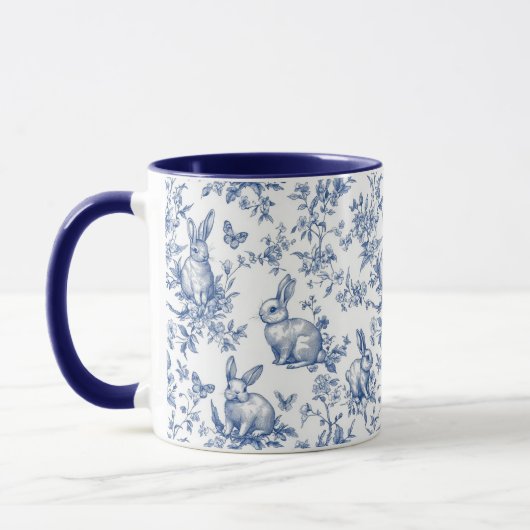 Sweet Blue Bunny Rabbits French Toile マグカップ (左)