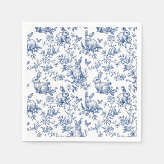 Sweet Blue Bunny Rabbits French Toile Paper Napkin スタンダードカクテルナプキン (正面)