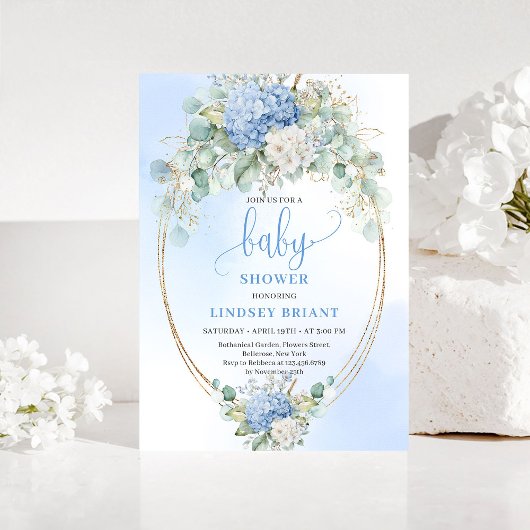 Sweet Blue Hydrangea Floral Baby Shower Invitation 招待状