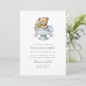 Sweet Blue Watercolor Teddy Bear Baptism 招待状 (スタンド正面)