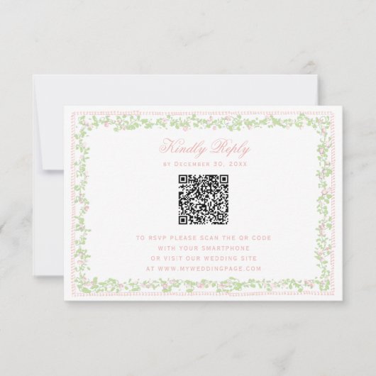 Sweet Blush Pink Floral Frame RSVP w/ Bow QR Code (正面)