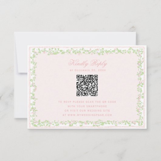 Sweet Blush Pink Floral Frame RSVP w/ Bow QR Code (正面)
