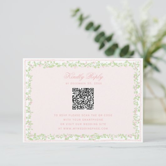 Sweet Blush Pink Floral Frame RSVP w/ Bow QR Code (スタンド正面)