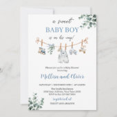 Sweet Boho Neutral Clothesline Boy Baby Shower 招待状 (正面)