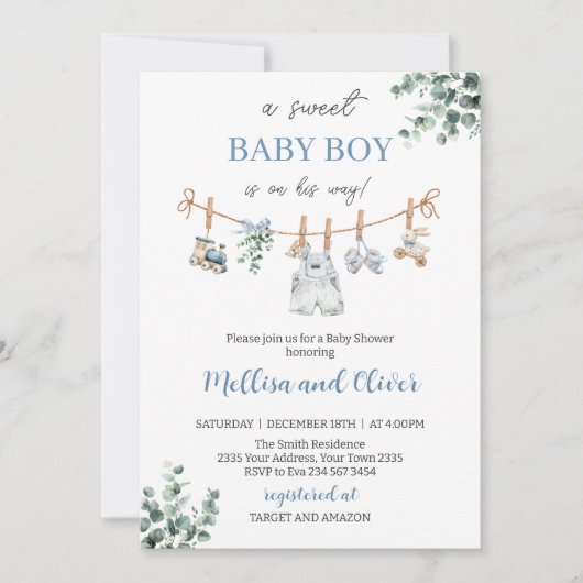 Sweet Boho Neutral Clothesline Boy Baby Shower 招待状 (正面)