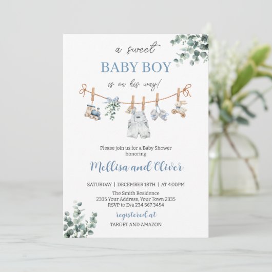 Sweet Boho Neutral Clothesline Boy Baby Shower 招待状 (スタンド正面)