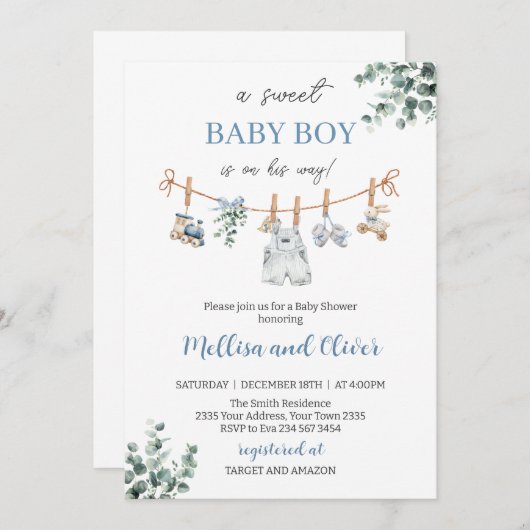 Sweet Boho Neutral Clothesline Boy Baby Shower 招待状 (正面/裏面)