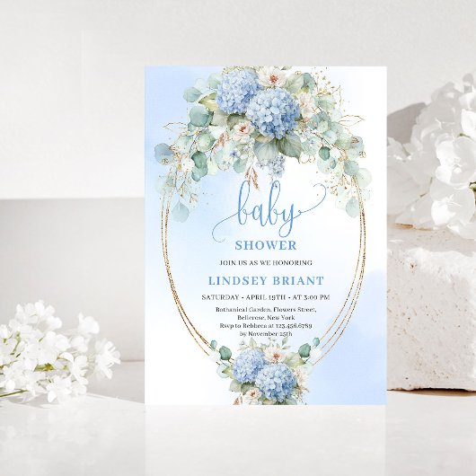Sweet Botanical Blue Floral Baby Shower Invitation 招待状