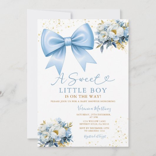 Sweet Boy Blue Bow Coquette Baby Shower Floral 招待状 (正面)
