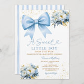 Sweet Boy Blue Bow Coquette Baby Shower Floral 招待状 (正面/裏面)