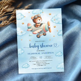 Sweet Boy Shower Invitation Teddy Bear Pilot Blue  招待状
