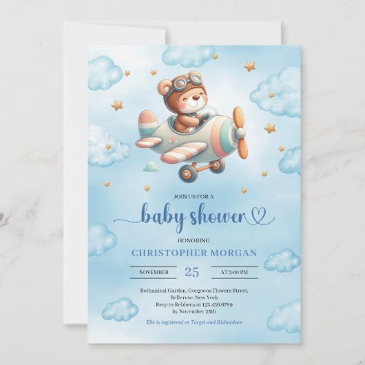 Sweet Boy Shower Invitation Teddy Bear Pilot Blue  招待状 (正面)