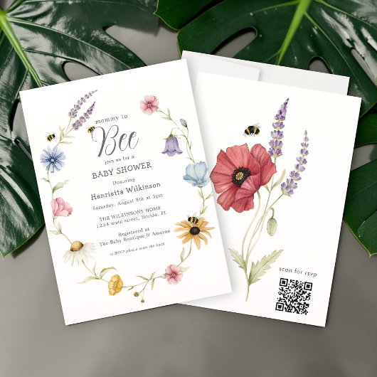 Sweet Bumblebee Floral Mommy to Bee ベビーシャワーQR 招待状