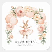 Sweet Bunny Ballerina Balloon Floral Birthday スクエアシール (正面)