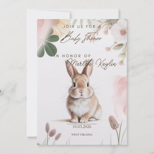 Sweet Bunny Floral Baby Shower Invitation Editable 招待状 (正面)
