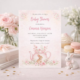 Sweet Bunny & Floral Teapot Baby Shower  招待状