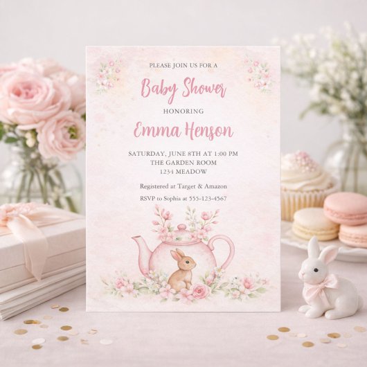 Sweet Bunny & Floral Teapot Baby Shower  招待状