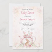 Sweet Bunny & Floral Teapot Baby Shower  招待状 (正面)