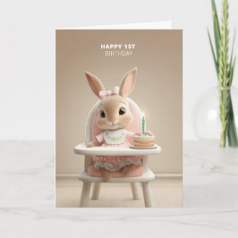 Sweet Bunny in High Chair w/ First Birthday Cake カード