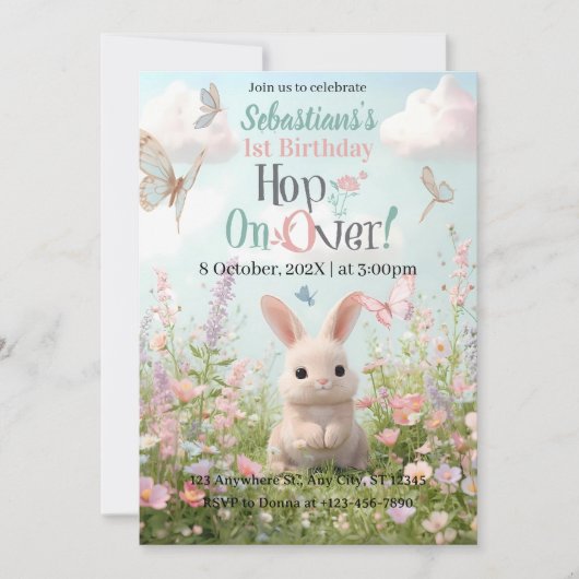 Sweet Bunny Meadow Birthday Invitation – Whimsical 招待状 (正面)
