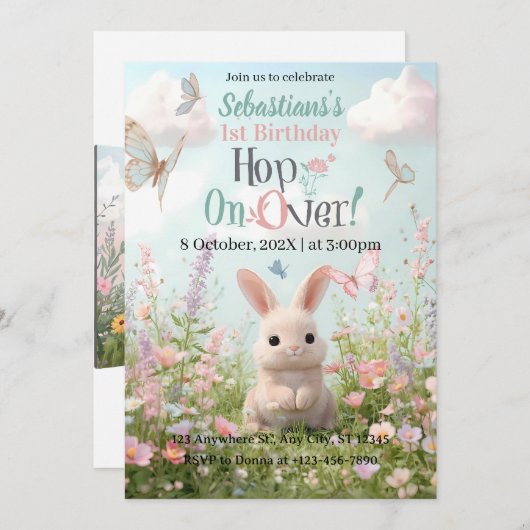 Sweet Bunny Meadow Birthday Invitation – Whimsical 招待状 (正面/裏面)