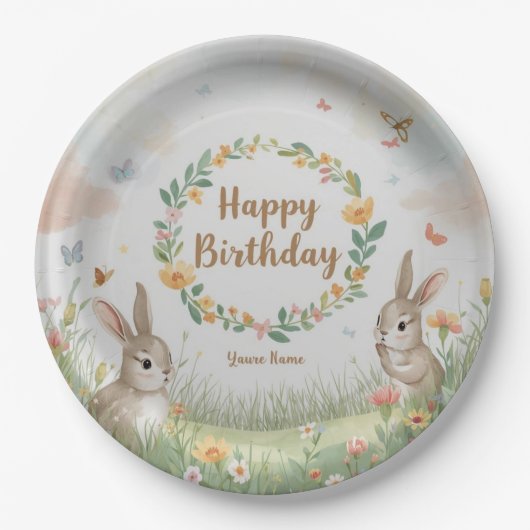 Sweet Bunny Meadow Birthday Party Paper Plate – Cu ペーパープレート (正面)