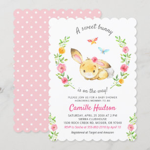 Sweet Bunny On The Way Baby Girl Shower Sprinkle 招待状