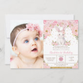 Sweet Bunny Rabbit Pink 1st 2nd 3rd Birthday Photo 招待状 (正面)