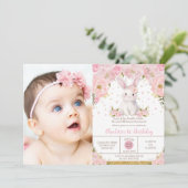 Sweet Bunny Rabbit Pink 1st 2nd 3rd Birthday Photo 招待状 (スタンド正面)