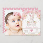 Sweet Bunny Rabbit Pink 1st 2nd 3rd Birthday Photo 招待状 (正面/裏面)