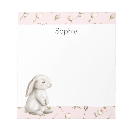 Sweet Bunny Rabbit Roses Pink Floral  ノートパッド (正面)