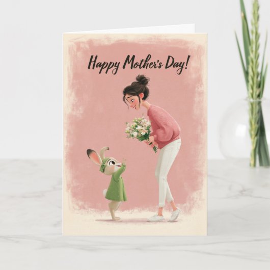 Sweet Bunny Reaching Up for Mom Mother’s Day Card カード (正面)