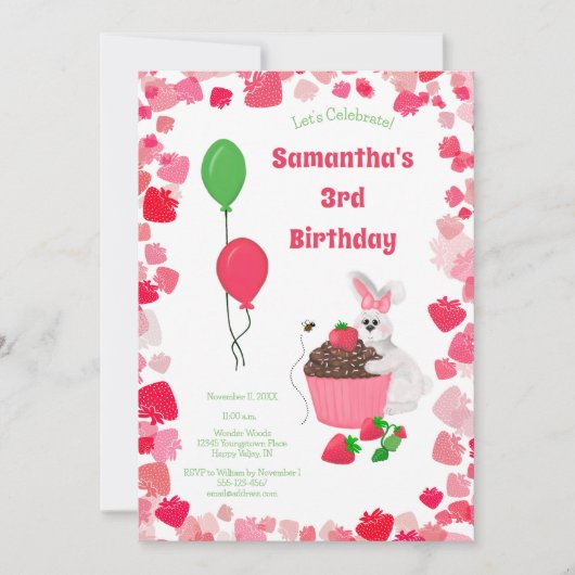 Sweet Bunny & Strawberry Cupcake Girl's Birthday 招待状 (正面)