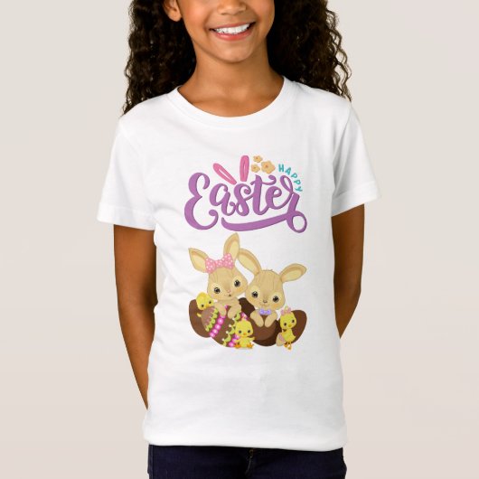Sweet Bunny Twins & Chicks "Happy Easter" キッズTシャツ Tシャツ (正面)