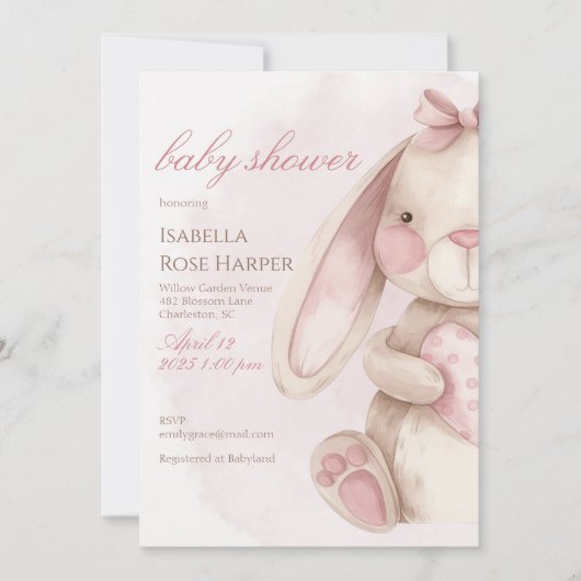 Sweet Bunny Watercolor Pink Baby Shower 招待状 (正面)