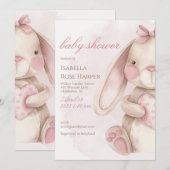 Sweet Bunny Watercolor Pink Baby Shower 招待状 (正面/裏面)