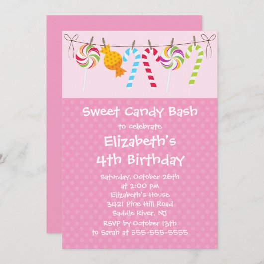 Sweet Candy Bash誕生日パーティーの招待 招待状 (正面/裏面)