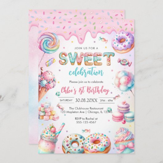 Sweet Candy Birthday Party Invitation 招待状 (正面/裏面)