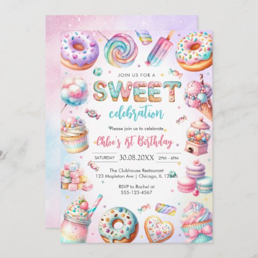Sweet Candy Birthday Party Invitation 招待状 (正面/裏面)