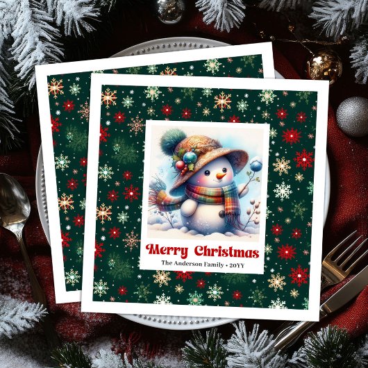 Sweet cartoon snowman with snowflakes kids napkins