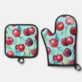 Sweet cherries colorful watercolor cherry art 鍋つかみ&鍋敷きセット