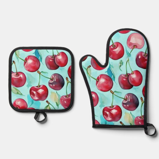 Sweet cherries colorful watercolor cherry art 鍋つかみ&鍋敷きセット (正面)
