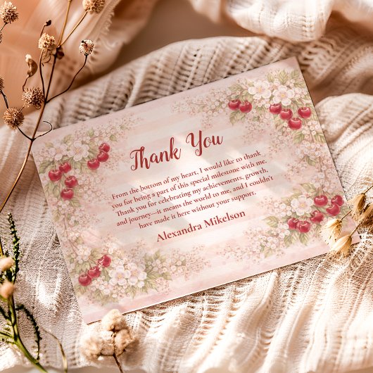 Sweet Cherry Floral First Birthday 1st Birthday サンキューカード