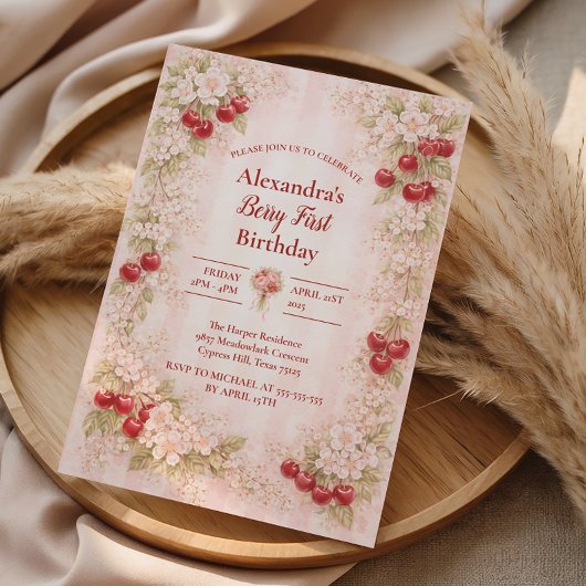 Sweet Cherry Floral First Birthday 1st Birthday 招待状