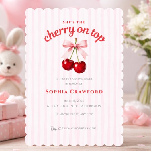 Sweet Cherry on Top ピンクのリボンのベビーシャワー  招待状