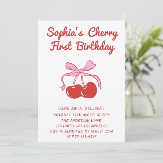 Sweet Cherry Theme 1st Birthday Party 招待状 (スタンド正面)