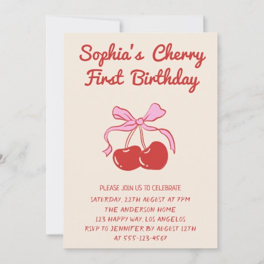 Sweet Cherry Theme 1st Birthday Party 招待状 (正面)