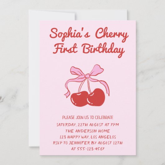 Sweet Cherry Theme 1st Birthday Party 招待状 (正面)