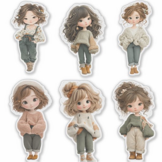 Sweet Chibi Girl Sticker Sheet 6 Cute Character  シール (正面)